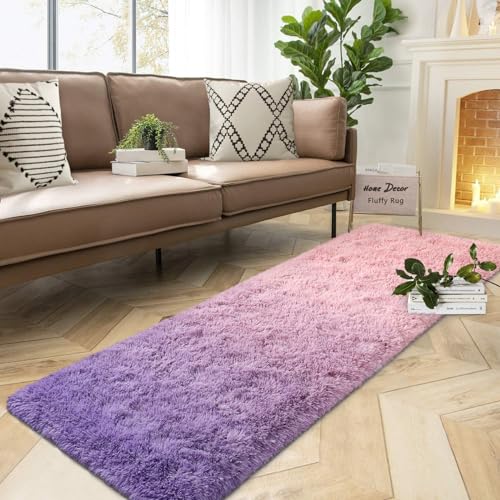 Dweike Luxury Shag Area Rug, 2X6 Feet Light Purple Pink Rug Runner Shaggy Fluffy Carpets, Non-Slip Extra Comfy Plush Bed Beside Rug For Girls Kids Room Bedroom Nursery Home Decor cover