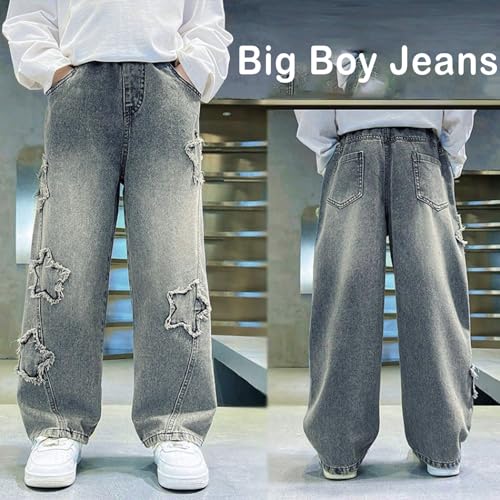 Boy's Pull On Jeans Cute Star Baggy Denim Pants Elastic Waist Straight Wide Leg Jeans for Teen Boys 8-14 Years2