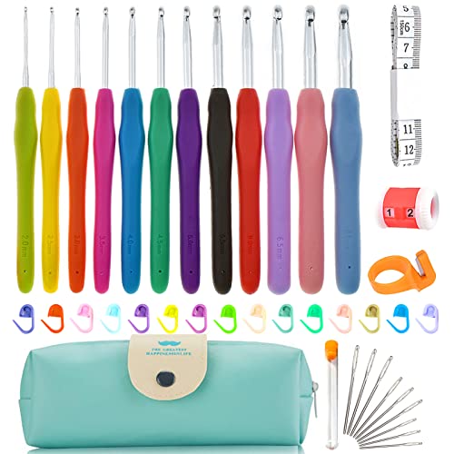 Crochet Hooks Set, RealPlus 12 Sizes Crochet Hooks Set for Arthritic Hands, Ergonomic Soft Grip Handles, Crochet Kit for Beginners, Mothers Day Gifts, Large Crochet Needle with Blue Case