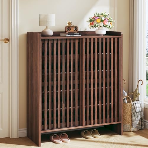 HUAHUU 5-Tier Shoe Cabinet with Sliding Shutter Doors, Wooden Shoe Storage Cabinet with Adjustable Shelf, Modern Freestanding Shoe Organizer Cabinet for Entryway, Hallway