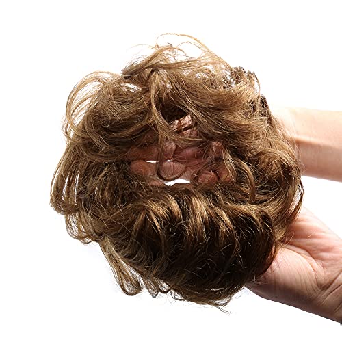 Bella Hair 100% Human Hair Scrunchie for Women Messy Bun Up-Do Hair Piece Wavy Curly Ponytail Extension (#4 Chocolate Brown/Dark Golden Brown)