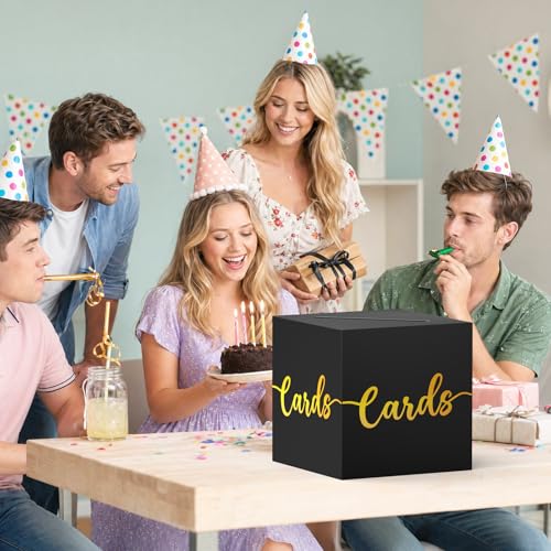 Image of OLANRUN Gift Card Box, 9 inch Graduation Gold Foil Card Box, Black and Gold Party Decorations for Wedding, Birthday, Baby & Bridal Shower, Anniversary, Retirement