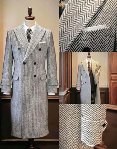Mens Herringbone Tweed Trench Long Jacket Wool Outwear Windbreaker Coat for Winter4