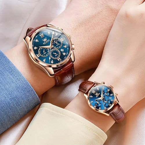 Image of OLEVS Couple Watch Quartz Night Light Calendar Date Window 3ATM Waterproof Casual Leather Strap for Men and Women Couple Watch Wedding Romantic Gift