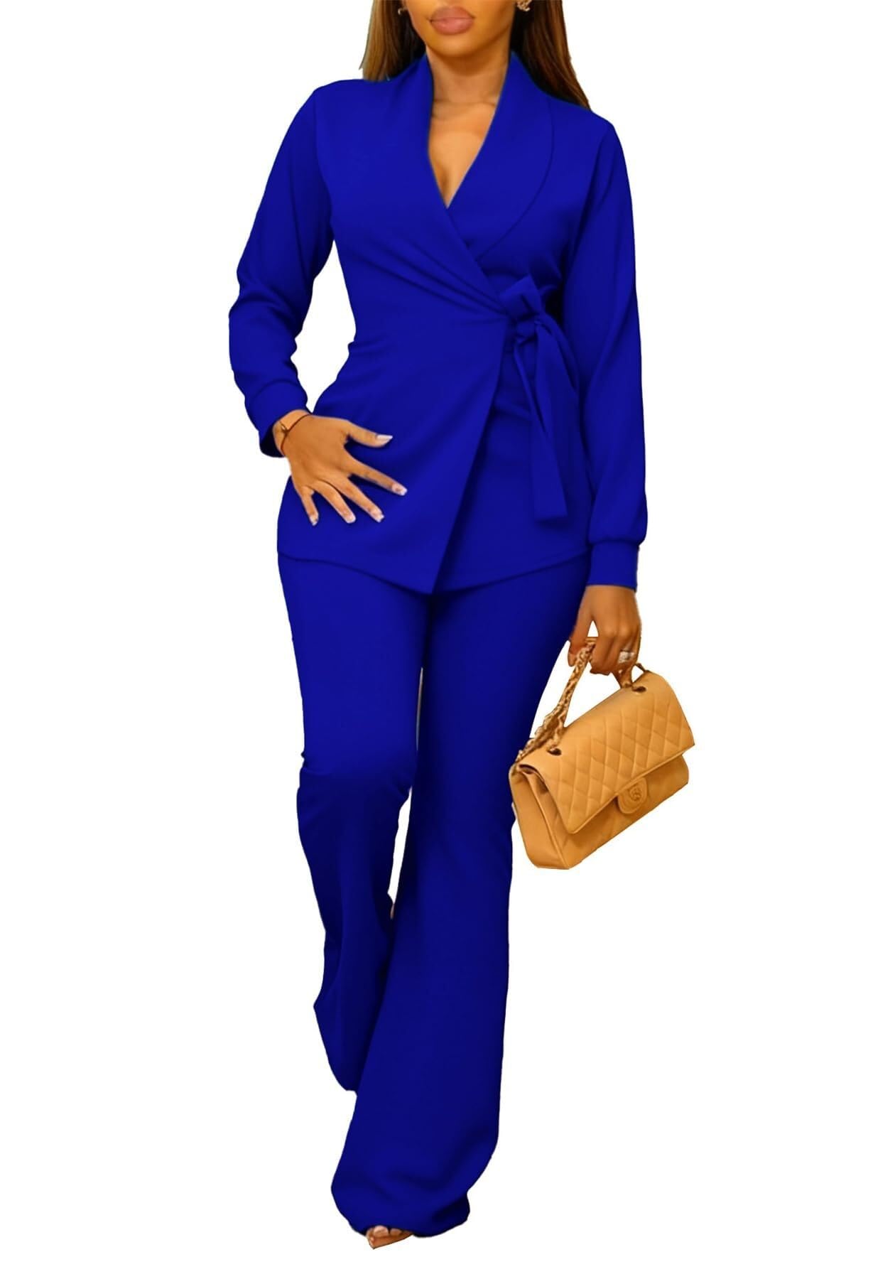 Womens Professional 2 Piece Outfit Set Elegant Business Blazer and Pants Suit with Belt