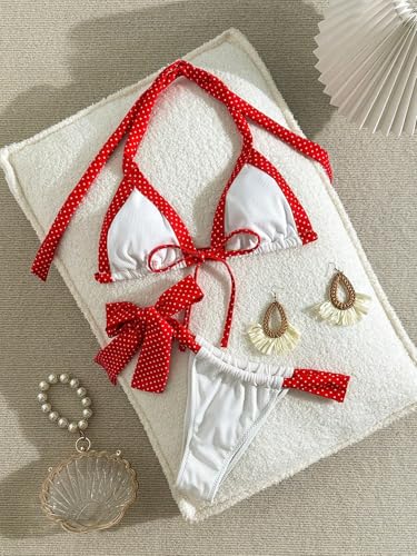 Image of ZAFUL Sexy Bikini Sets for Women Polka Dot Contrast Trim Triangle Bathing Suit Two Piece Halter String Swimsuit