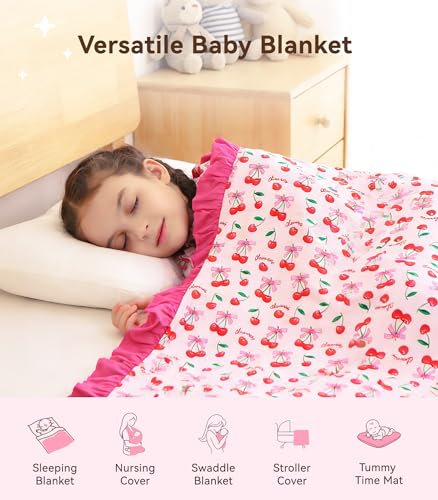 Image of Premium Baby Blankets, Soft Viscose from Bamboo Blanket for Girls, Nursery Crib Bedding Quilt for Newborn and Toddler, Ruffle Blanket Cooling for Hot Sleepers, 50''x50'' Sweet Cherries