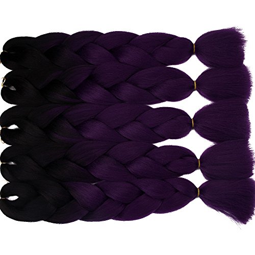 5 Pieces Ombre Synthetic Braiding Hair Jumbo Braids Hair Braiding Kanekalon Mambo Twist Synthetic Hair Extension (24, black-purple)