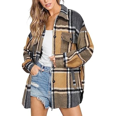 Women's 2023 Fall Clothes Plaid Shacket Jacket Long Sleeve Button Down Flannel Shirts Fashion Jacket 6025 Brown Plaid XX-Large Cover