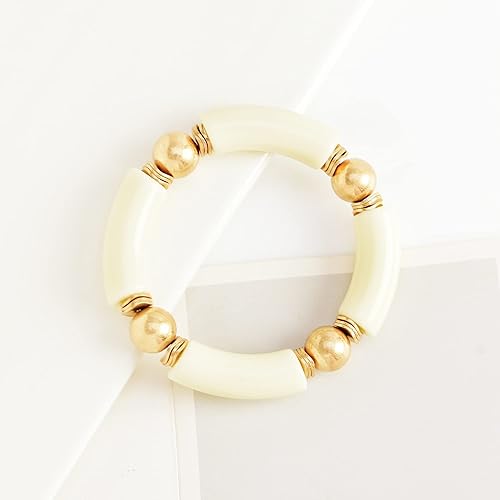 Vista 3 de LALAPPLE Brazalete de tubo de bambú acrílico chapado en oro para mujer, tubo curvo grueso colorido con piezas de oro, pulsera elástica de amistad