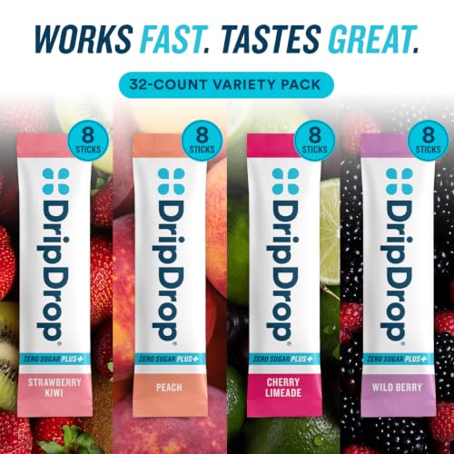Image of DripDrop Hydration Zero Sugar Plus Electrolyte Packets, 16 Ct (Pack of 2) | Strawberry Kiwi, Peach, Cherry Limeade, Wild Berry; Sugar Free Powder Drink Mix; No Artificial Sweeteners; Low Calorie