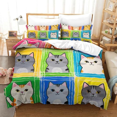 QazwYu 3D, Imprimé Romantic Cat Parure De Lit Microfibre Super Douce Et Respirante Sets De Housses De Couettes 3 Pièces avec Taies d'oreiller Double(200x200...