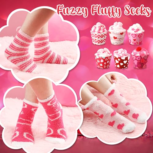 Image of 6 Pairs Valentine's Day Cupcake Socks Fuzzy Sock with Cupcake Card DIY Gift Slipper Stockings for Winter Women Men