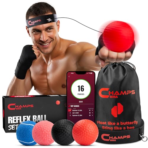 Champs MMA Boxing Reflex Ball Set with Punch Counter App | 4 Balls with Varying Weights, Headband &...