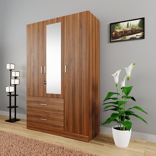 Image of VIKI Wardrobe | Wooden Almirah for Clothes,Door for Bedroom, 3 Door Wardrobe with Drawer, Mirror & Hanging Space (Brussel Walnut - 40D x 120W x 180H) | 1 Year Warranty | Free Assembly