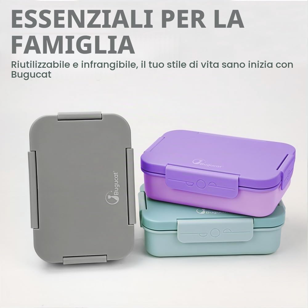 Bugucat Lunch Box 1300ML, Portapranzo Bento Box Contenitori 5+2 Scomparti, Pranzo Impilabile Schiscetta Pranzo da Ufficio, Porta Pranzo ermetico con Forchetta e Cucchiaio Microonde Sicuro,Grigio