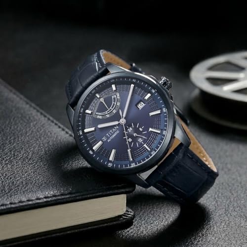 Image of Titan Aion Concealed Automatic Analog with Power Reserve Indicator and Blue Dial Blue Leather Strap Watch for Men - 90224QL01