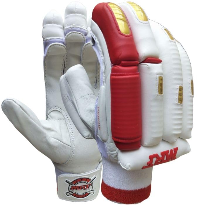Image of M*R*F Leather Plam Cricket Batting Gloves Geni*us Prince, Shubman Gill Edition White Red Gold, Leather, Professional Protection | Club Play | Tournament | Matches | (White /Red /Gold, Mens RH, Right)
