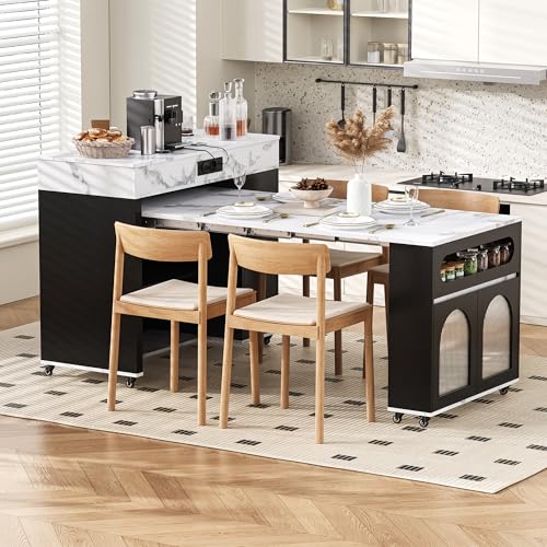 îLot De Cuisine Sur Roulettes,îLot De Cuisine RéTractable,Table Multiprises 1 Tiroir Et 3 Portes D'Armoire Sert D'îLot De Buffet Ou De Table De Bar Pour La...