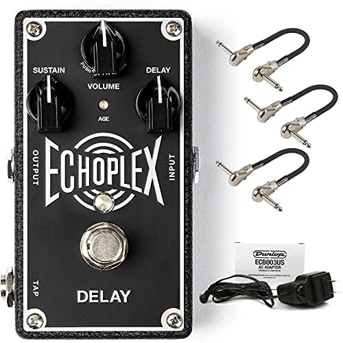 Briskdrop Dunlop EP103 Echoplex Delay Guitar Effects Pedal Bundle with 3 MXR Patch Cables and Dunlop Power Supply, EP103bundle