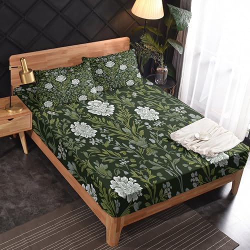 William Morris Floral Sheet Set California King Size 4 Piece, Flower White Pattern Printed Bed Sheets with 14 Inch Deep Pocket, William Morris Bedroom Decor, Ultra Soft Microfiber Bedding RV49