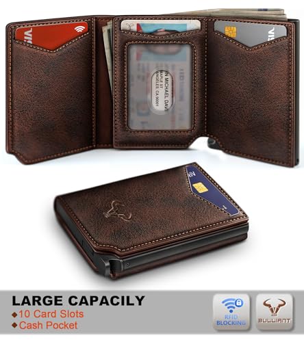 Image of BULLIANT Men Wallet Leather Wallet Card Holders Money Clip for Men 10Cards-Magnetic Flip on Metal Case