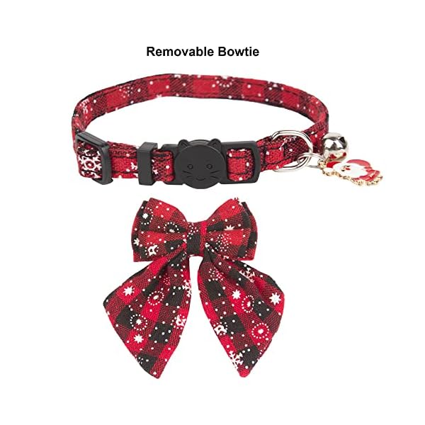 Adoggygo christmas cat collars breakaway with stylish bow, 2 pack red green plaid with snowflake christmas kitten collar with bell, removable bowtie cat christmas collar for cats kittens - image 5