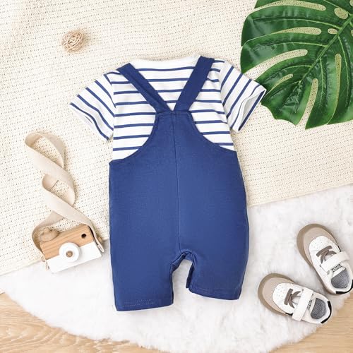 Image of Baby Boy Clothes Striped Romper Cartoon Overall Set 0-18M | Soft Breathable Cotton Romper And Animal Cartoon Overall Shorts Set Offering All-Day Comfort, Daily Wear, Machine Washable