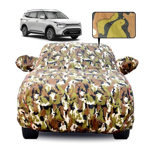 Image of Waterproof Car Body Cover for Kia Carens with Mirror Pocket, Soft Cotton Lining, Triple Stitched, Full Bottom Elastic (Heat Resistant Jungle Print with Red Piping)