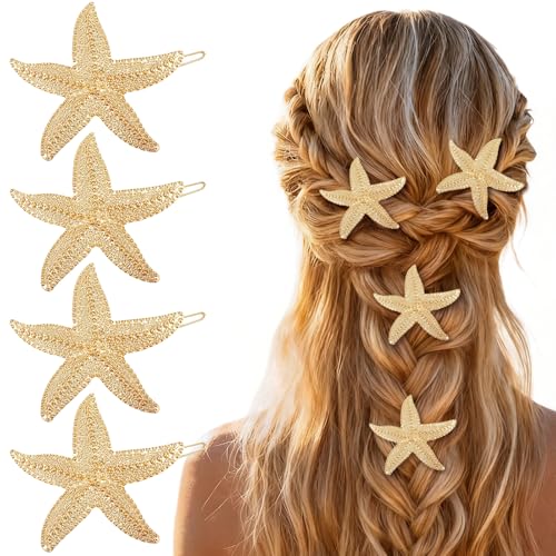 Accessori Capelli Stella Marina, 4 Pezzi Starfish Hair Clip, Fermagli per Capelli a Forma di Stella, Mollette Metallo Starfish, Accessori Capelli per Ragazze Donna, per Spiagge e Matrimoni