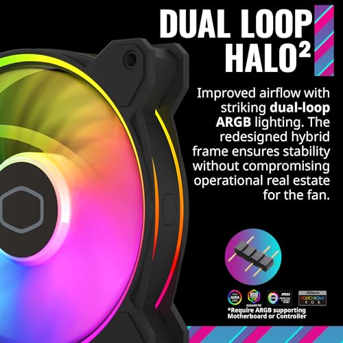 Cooler Master MasterFan MF140 Halo² Fan, Duo-Ring ARGB Gen 2 LED Rings, 120mm 1600rpm Dynamic PWM, Enlarged Fan Blades - Image 3