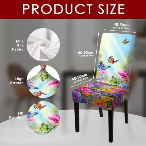 Image of Nuxovilar 6PCS Floral Butterfly Print Milk Silk Seat Covers | Stretch Slipcover Floral Protector Butterfly Wrap Seat Guard Dining Room Spring Gathering Kitchen (Spring Flower)