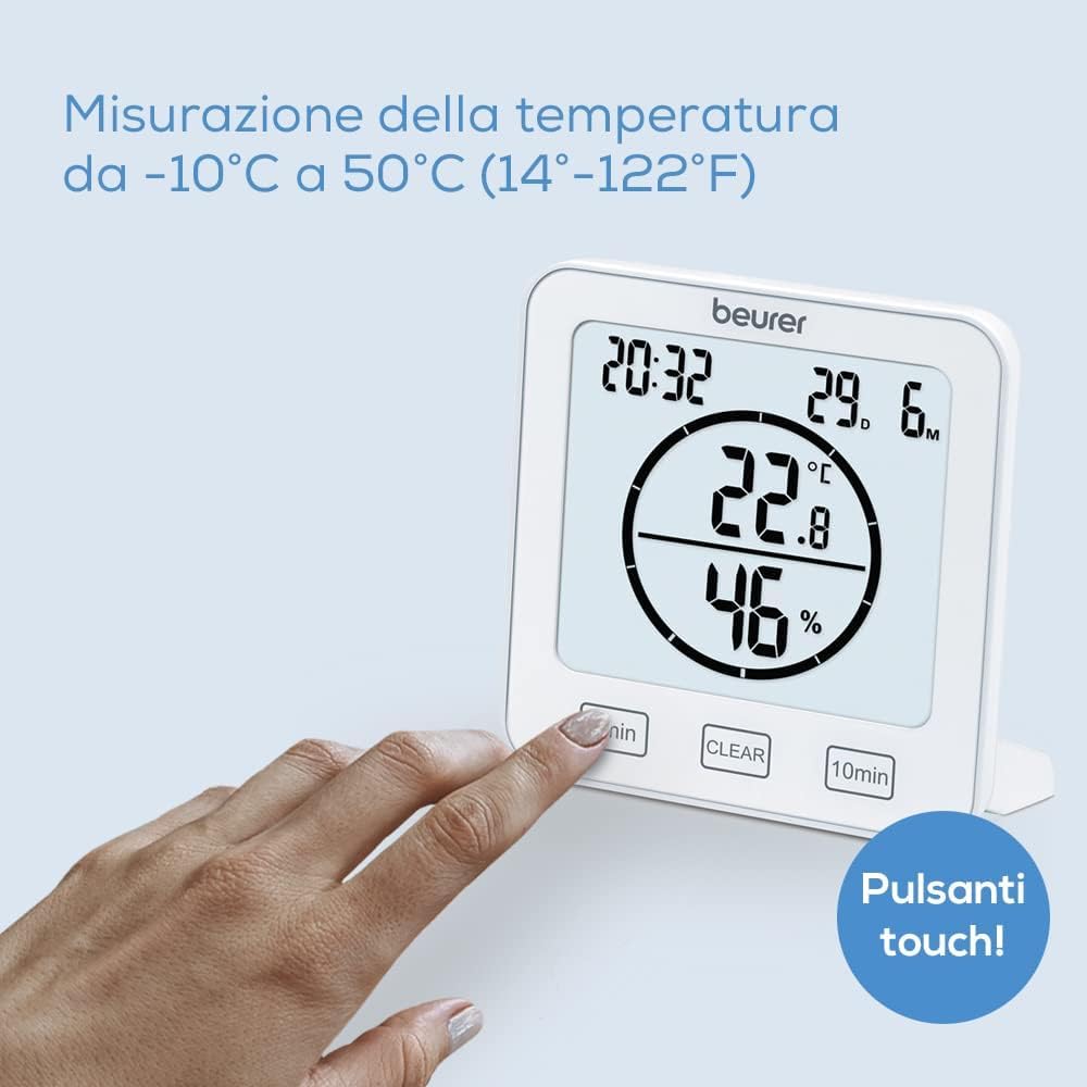 Beurer HM 22 Termoigrometro, per il controllo della temperatura ambientale, misurazione della temperatura e dell'umidità relativa, con timer e segnale acustico, bianco
