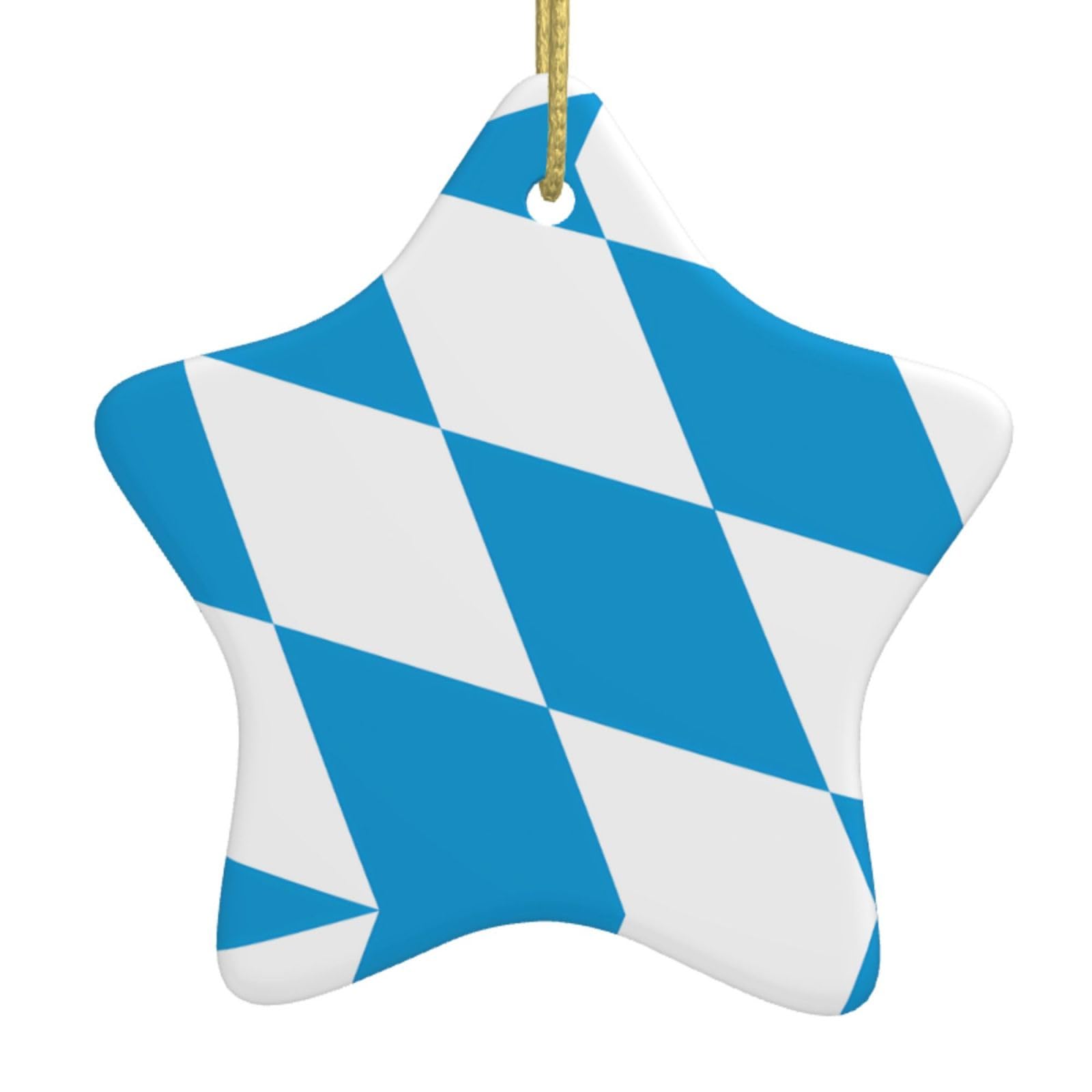 Bavarian Flag Christmas Ceramic Star Pendant with Punched Holes and Gold Wire Rope, Christmas Tree Home Decoration