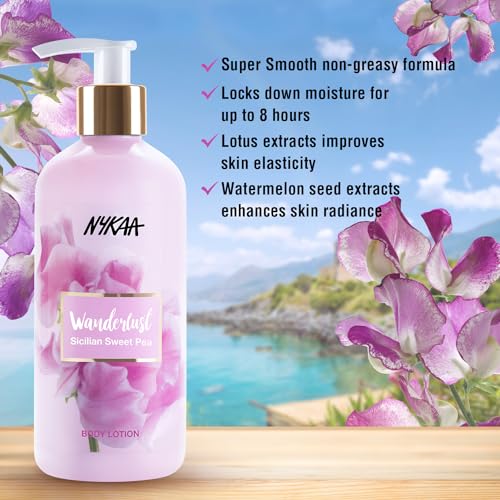 Image of Wanderlust Sicilian Sweet Pea Body Lotion for Women & Men, 300 ml| Smooth, Non-Greasy Formula| Up to 8 Hours Intense Moisturization|For Smooth & Moisturized Skin| Suitable for All Skin Types