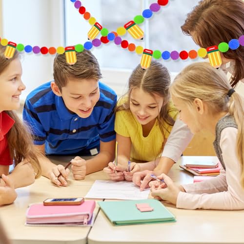 Image of 3 Pcs Back to School Felt Banner Pencil Garland Classroom Return to School Pom Pom Ball Colorful Pompom Hanging Banner Hanging Garland for First Day of School Classroom Decoration
