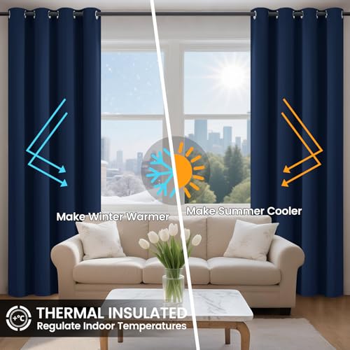 Image of COSVIYA 100% Navy Blue Blackout Curtains for Kids Room 72 Inches Length | Room Darkening Light Blocking Drapes for Bedroom, Thermal Insulated Grommet Window Panels with Black Liner, W40xL72, 2 Panels