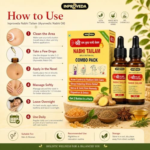 Image of Inproveda Sri Ram Kripa Nabhi Tailam Oil | नाभि तेल 4 x 30ml | Ayurvedic Multi Benefit Belly Button oil | For Digestion & Detox, Sleep-Inducing Stress Relief, Acne Control & Joint Comfort | Combo Pack of 04 = 120ml