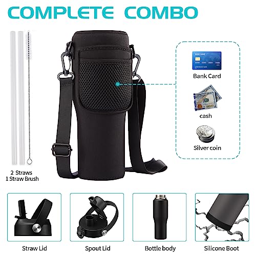 Image of 32oz Stainless Steel Water Bottle, Cold-48H & Hot-24H, Water Flask Thermal with Straw & Spout Lids, Pouch, Vacuum Insulated Bottle for Gift Black