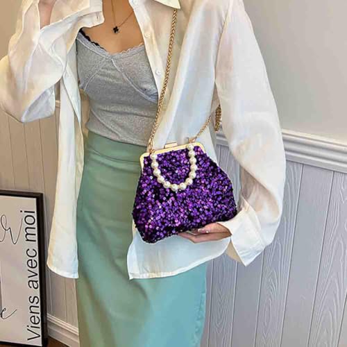 Women's Sparkly Shiny Sequin Shell Crossbody Bag, Glitter Beaded Pearl Top Handle Handbag, Bling Shoulder Purse for Party4