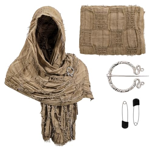 Dune Costume Post Apocalyptic Tattered Hooded Shawl Scarf with Brooch Pins, Ragged Desert Nomad Wrap Cape Cosplay Cloak2