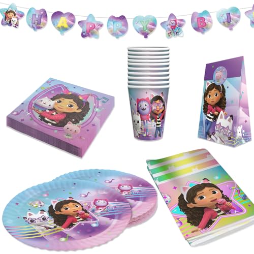 Gabbys Dollhouse Cartoon Geburtstagsdeko Komplettset für Kinder - 48 tlg. Tischdeko Pappgeschirr mit Wimpelkette für Kindergeburtstag & Mottopartys - Party Deko Bundle mit Tellern Servietten etc.