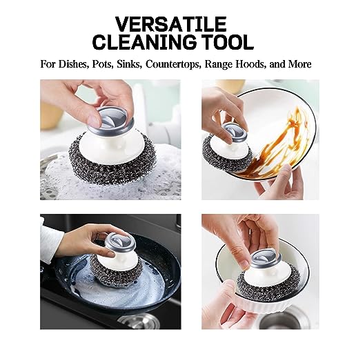Image of Steel Wool Scrubber Handle Reusable Steel Wool Brush Steel Wool Brush with Handle Stainless Steel Wool Scrubber with Handle Heavy Duty Pot Scrubbers for Kitchen Dish Scrubber Cleaning Brush