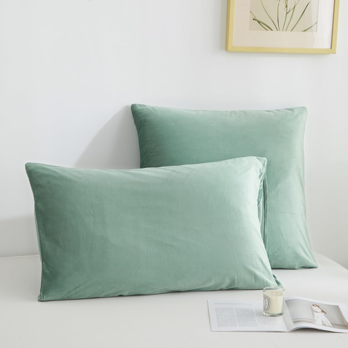 Lanqinglv Flannel Fleece Bed Linen 135 x 200 cm Green Light Green Plush Fluffy Winter Bed Linen Warm Cashmere Touch Flannelette Plain Duvet Cover with Zip and Pillowcase 80 x 80 cm - Image 4