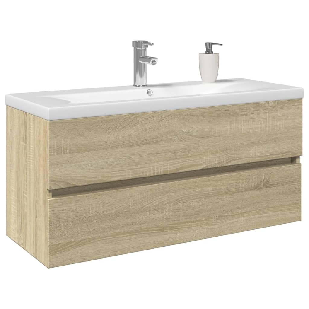 2-częściowy zestaw mebli łazienkowych z szafką pod umywalkę z materiału drewnopochodnego w kolorze dębu sonoma i białej umywalki ceramicznej 100 x 38,5 x 45 cm, zajmuje mało miejsca, wiszące