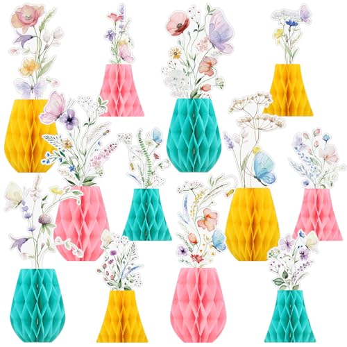 AmazingSpark 12 Pcs Wildflowers Honeycomb Centerpieces Flower Birthday Party Decoration Floral Honeycomb Spring Summer Theme Table Centerpieces Decorations for Little Wildflower Baby Shower Supplies
