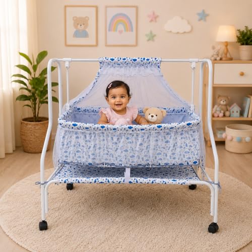Image of Kiddery Auri | Cradle for Baby | New Improved Mattress Design | Mosquito Protection Net | Smooth Swing | All Wheel Lock | Palna | Jhula | Uyyala | 0-10 Months | Blue