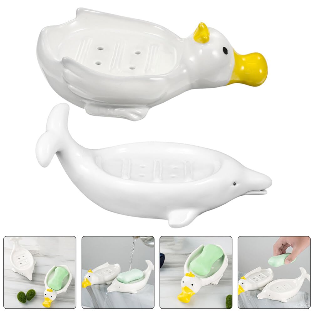 Jabonera Decorativa de Cerámica Forma de Mamífero Marino 2 Piezas | Blanco, Autodrenante para Baño y Ducha, también Sirve para Joyas y Esponja