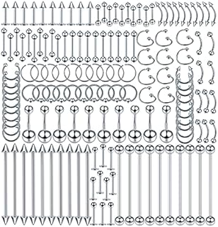 Xpircn 150PCS Mixed Piercing Stainless Steel Nose Horseshoe Lip Tongue Eyebrow Tragus Septum Clicker Body Piercing Navel Belly Ring Nipple Industrial Barbells 14G 16G 20G