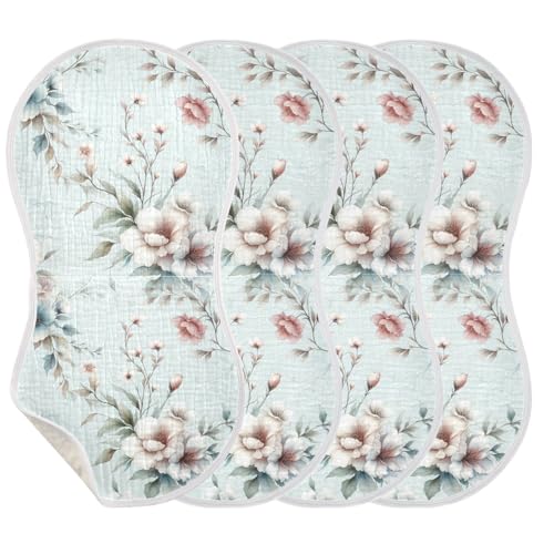 Muslin Baby Burp Cloths, White Flowers Cotton Soft Burp Cloths for Newborns​​, Extra Absorbent Burp Cloths 4-Pack​​, 22 x 11 Inch